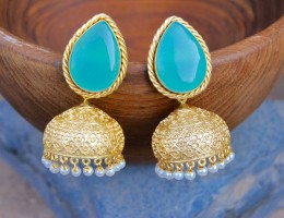 Aqua Chalcedony Paan Semi-precious 18K Gold Plated Jhumka Earrings 